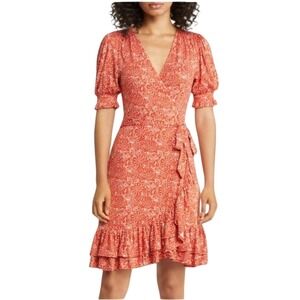 Boden‎ Vermillion Azure Pop Paisley Floral Ruffle Jersey Wrap Dress Large